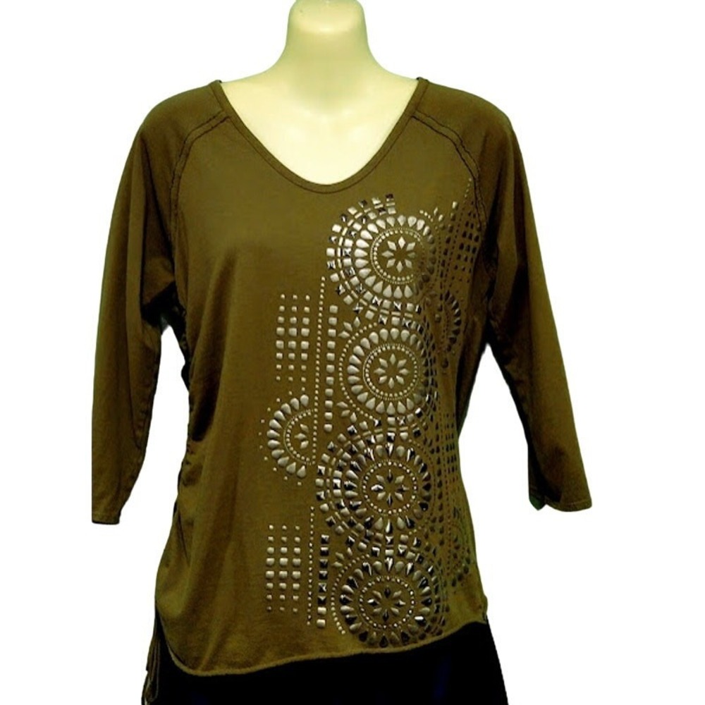 Calvin Klein‎ 3/4 Sleeve Top with Studs and Ruching, Olive, Size M